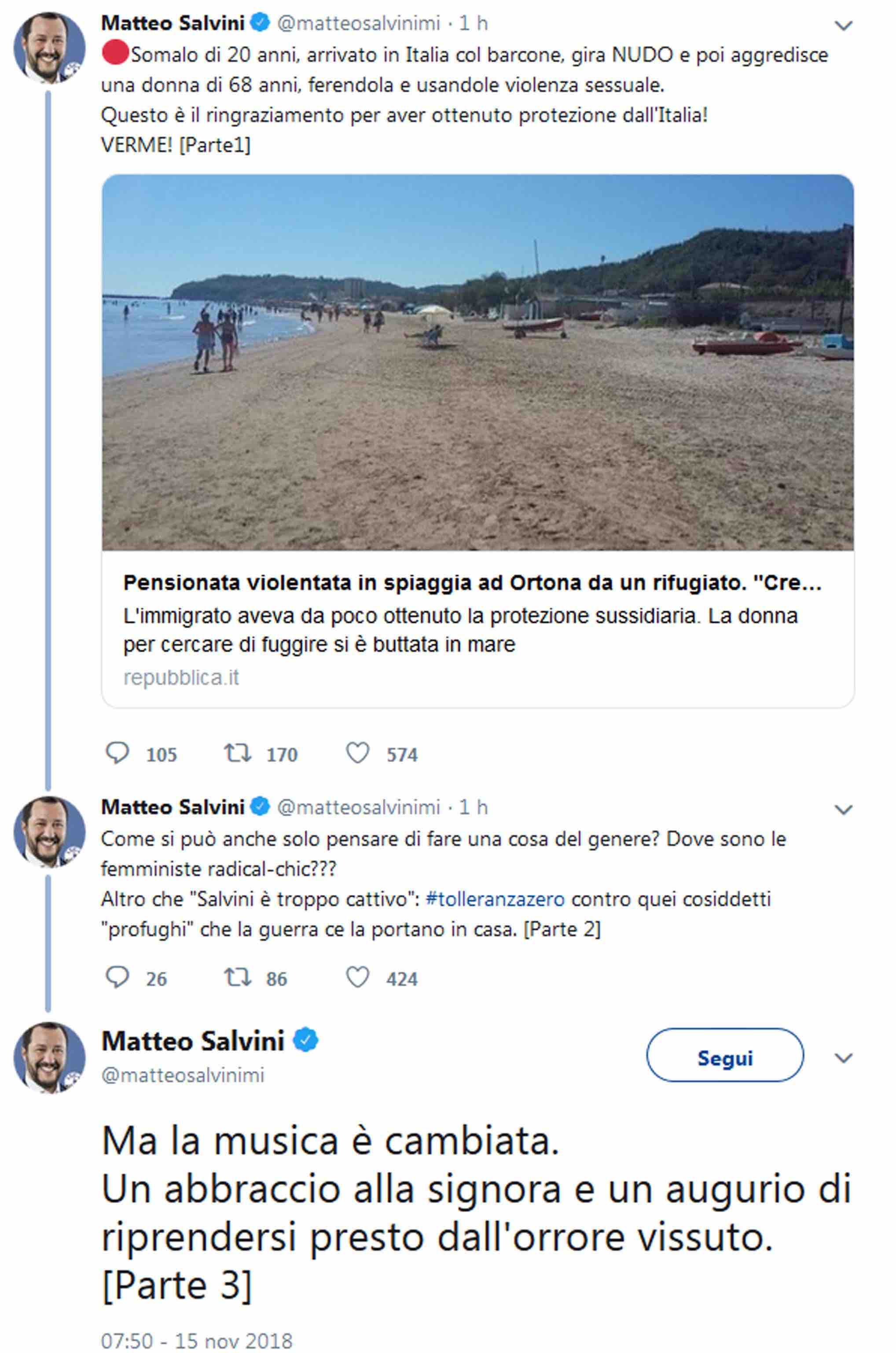 Ortona. Donna violentata in spiaggia, Salvini: 'Verme!'