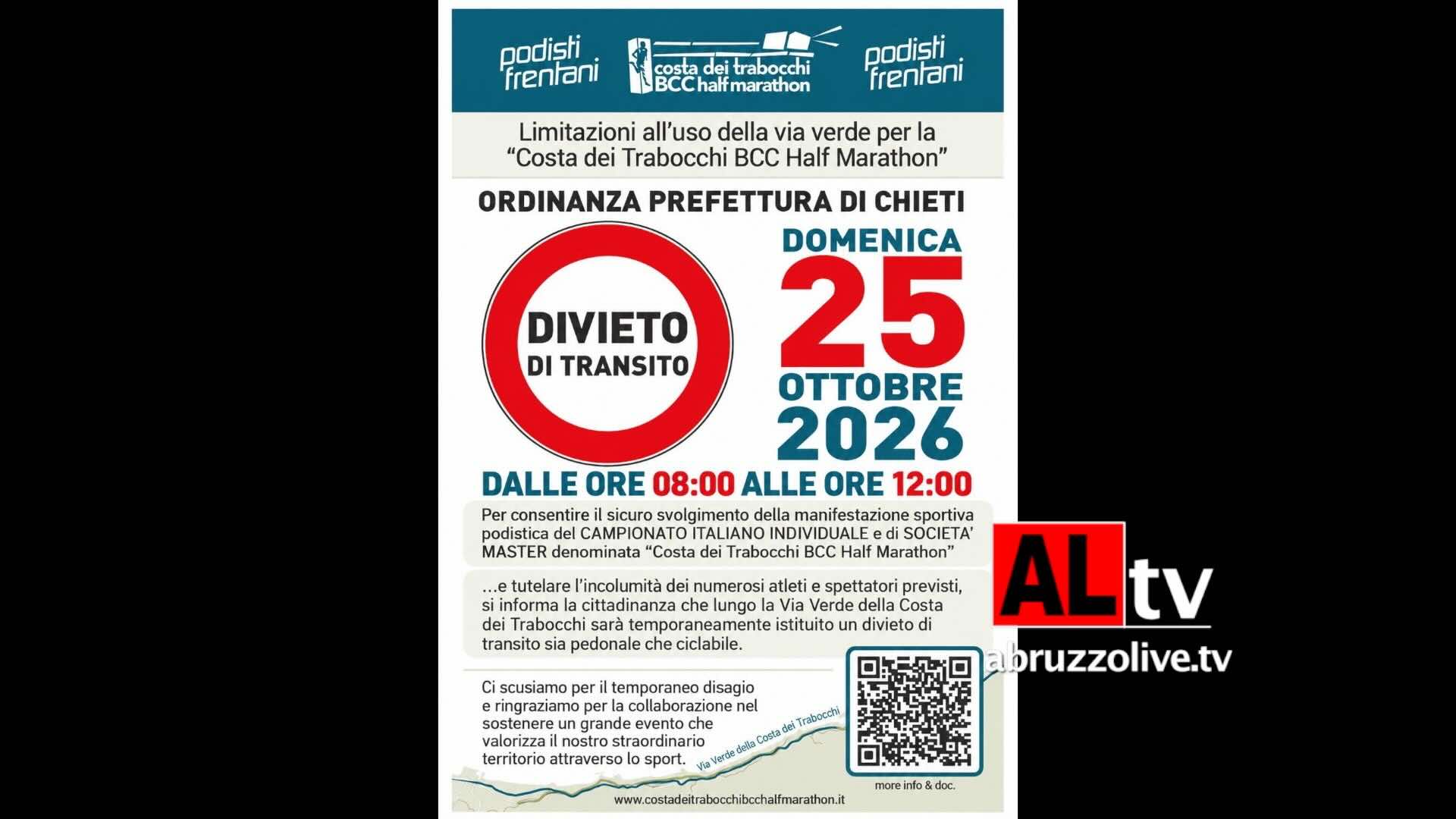 Via Verde Costa dei Trabocchi:  domenica 25 ottobre divieto di accesso e transito a pedoni e ciclisti dalle 8 alle 12 